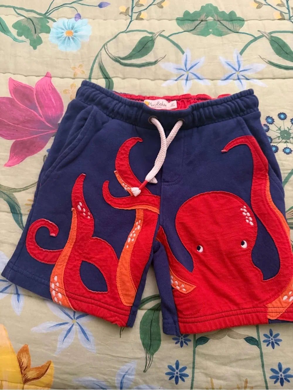 Mini Boden Navy Shorts with Red & Orange Octopus Applique